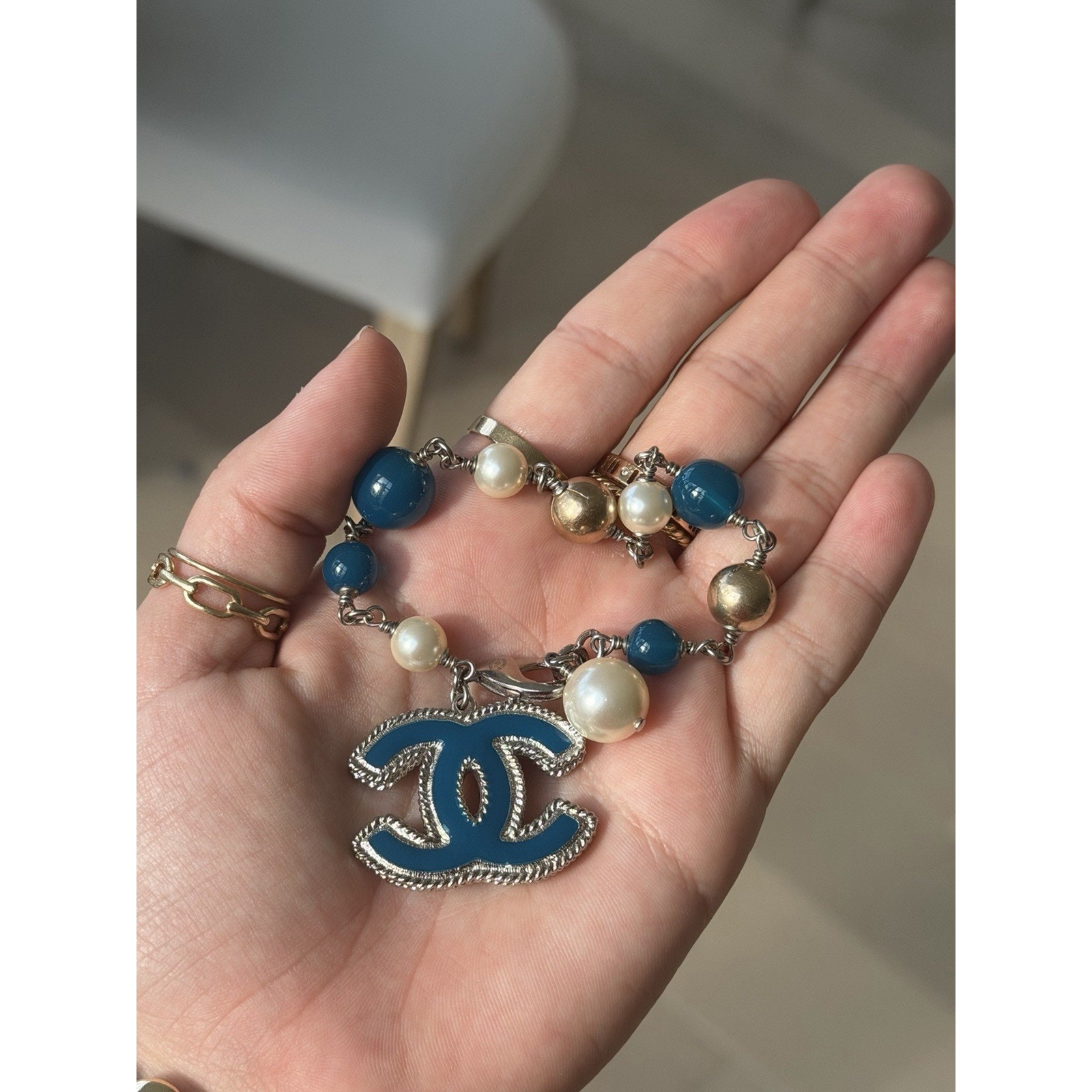 Authentic Chanel Mix Metal Bracelet Silver Gold And Teal Accents Beaded Pearl